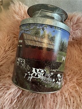 Vintage Farmhouse Milk Can Tin with Cow Scene 10 inches High